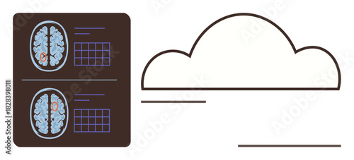 Brain MRI scans beside a stylized cloud, illustrating medical data storage, analysis, diagnostics, AI integration, healthcare innovation, neural science, and secure data sharing. Ideal for simple
