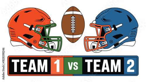 American Football Super Bowl Orange Team 1 vs Blue Team 2 Helmets and Ball