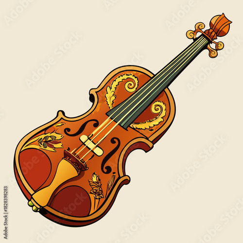 Ornate violin with decorative floral and swirl motifs