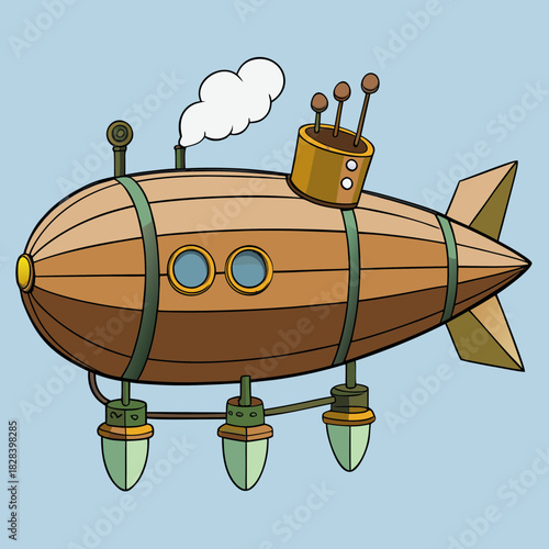 Whimsical steampunk airship with gondolas and smoke puffs