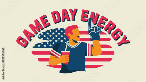 Animated Football Fan Celebrating Game Day with Drink and American Flag Background Illustration