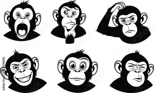 Cartoon monkey faces, expressive animal emotions, black and white vector, funny primate sketches, character design icons, isolated illustrations, hand drawn