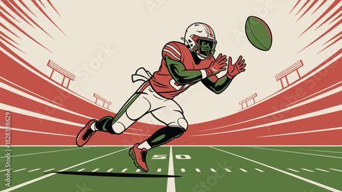 Animated Football Player Reaching for a Pass on Green Field, Red Stadium Background Art