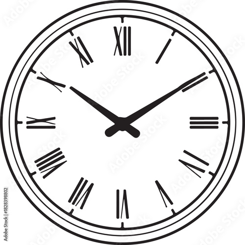 Elegant outline vector clock face featuring classic Roman numerals and traditional minute hour hands indicating time on a dark background.