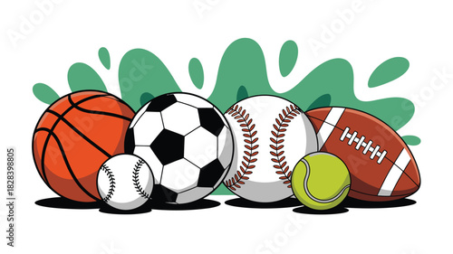 Assorted Sports Balls Basketball, Soccer Ball, Baseball, Tennis Ball, and Football Illustration with Green Background