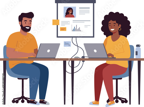 Cartoon office workers collaborating with laptops, man and woman at table sharing data on presentation screen, teamwork communication illustration design