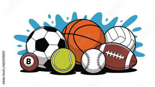 Assorted Sports Equipment Illustration Featuring a Soccer Ball, Basketball, Football, and Other Game Balls