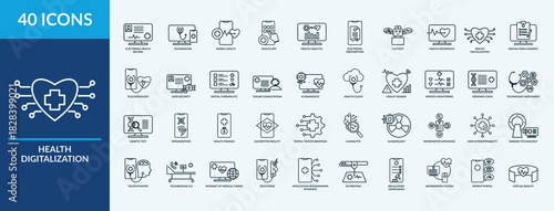 Health digitalization icon set. Containing mobile health, online consultation, patient portal, augmented reality, chat bot  and more. Outline vector icons collection