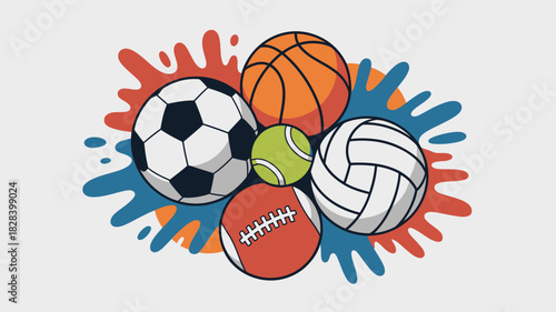 Assorted Sports Equipment Illustration Soccer Ball, Basketball, Tennis Ball, Volleyball, and Football on Colorful Splatters