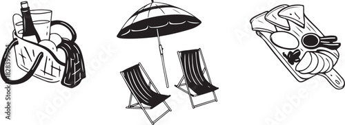 Set of hand drawn doodle summer seaside vacation prints. Italian, French, Greek travelling. Vintage sketch illustration. Crayon charcoal whimsical minimalist drawing black and white background