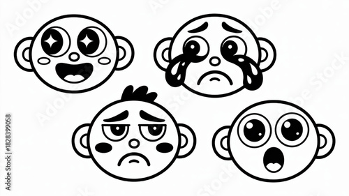 Set of cartoon face icons expressing different emotions simple vector illustration for social media and app design isolated on white background