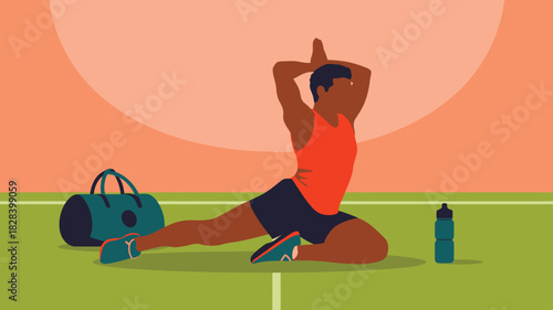 Athlete Stretching Before Super Bowl Sunday Game Near Gym Bag And Water Bottle