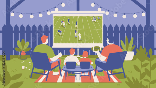 Backyard Super Bowl Party Family Watching Football on Outdoor Screen Under String Lights