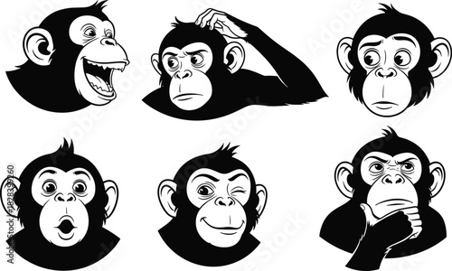 Cartoon monkey expressions, funny animal faces, emotional gestures, black and white sketch, playful primate character, vector drawing, isolated icons