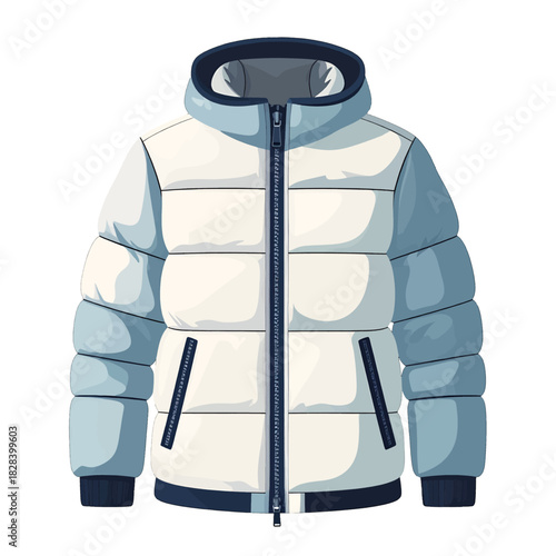 Pixelated White Puffer Jacket Illustration with Hood and Zippered Closure on White Background Isolated