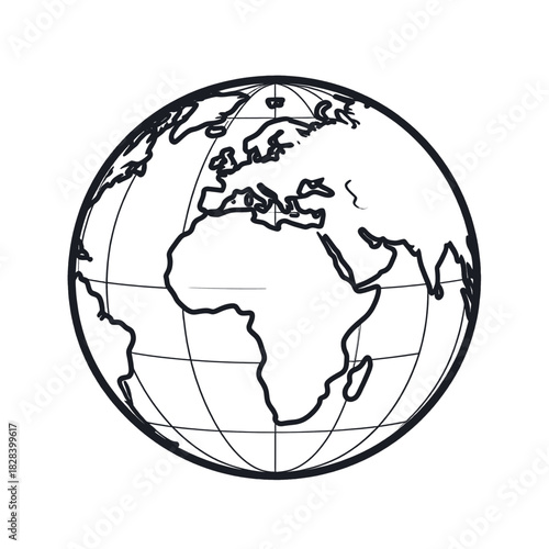Black and White Globe Earth Representation with Africa and Europe in Focus on White Backdrop