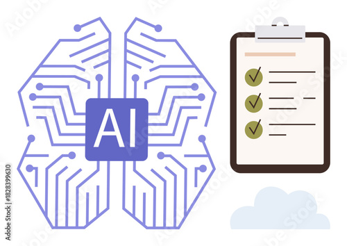 AI brain with circuitry connected to a checklist featuring completed tasks and a cloud. Ideal for technology, automation, AI, data analysis, task management, innovation, workflows. Simple flat