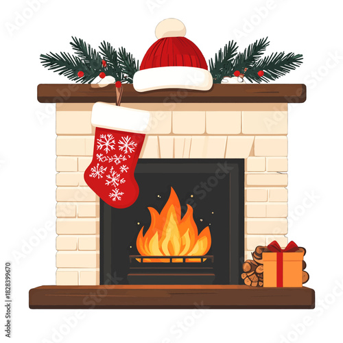 Christmas Fireplace with Red Stocking and Warm Fire Illustration for Holiday Decor and Festive Cheer
