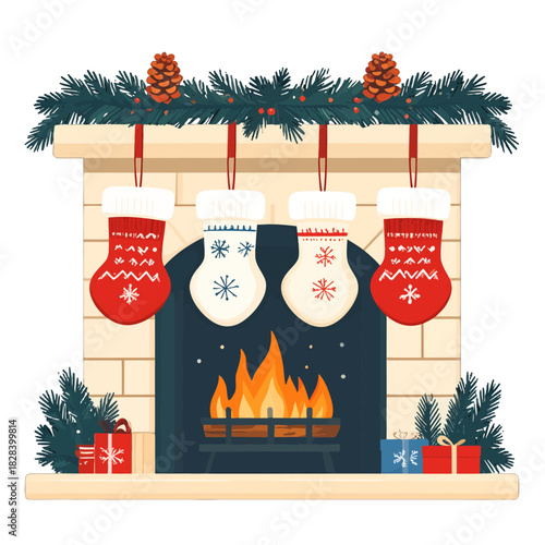 Festive Fireplace Scene with Red and White Stockings Holiday Vector Illustration