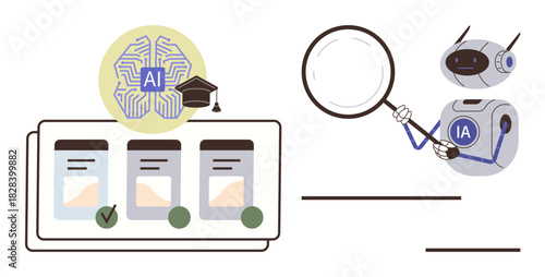 Robot using magnifying glass evaluates documents, alongside AI brain icon with graduation cap. Ideal for automation, machine learning, education, technology, data analysis, research, innovation