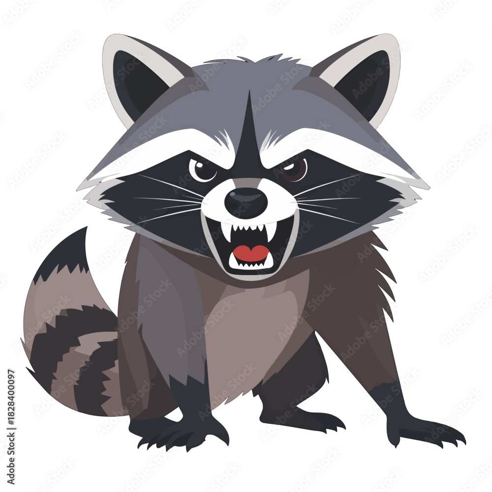 Fototapeta premium Cartoon Raccoon with Gray Fur and Striped Tail Against a Plain White Background with Angry Expression and Sharp Teeth