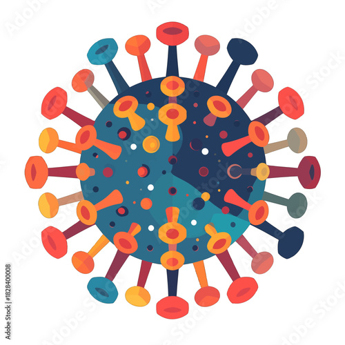 Stylized Virus Cell with Spikes in Blue and Red on White Background