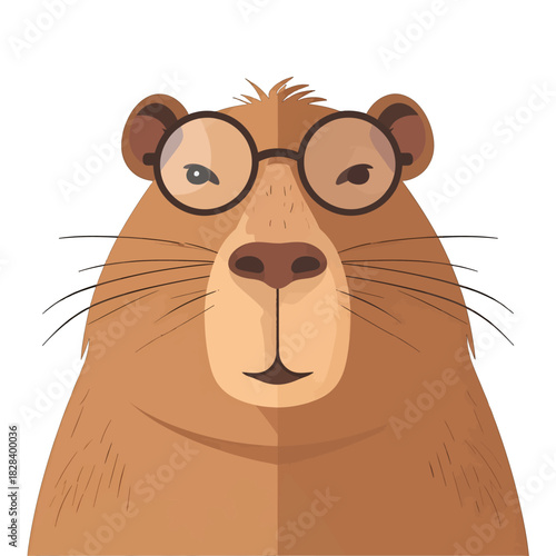 Cartoon Brown Animal Portrait Wearing Round Glasses on White Background