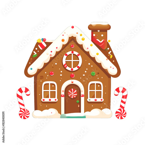 Detailed Gingerbread House Illustration with Candy Canes and Snow Detail on Isolated White Background