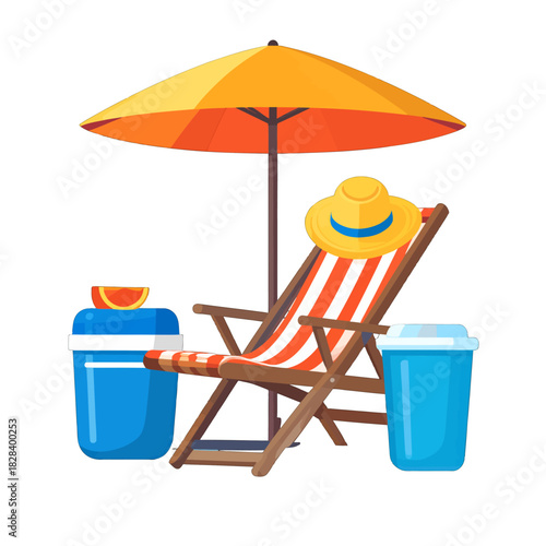 Orange Umbrella Beach Chair Watermelon and Blue Icebox Graphic Illustration