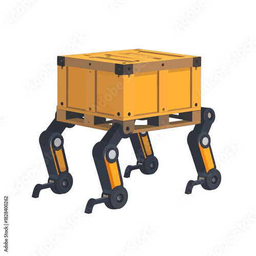 Pixelated Mechanical Robot with a Wood Box on Pallet with Robotic Legs on a White Isolated Background with Playful Lighting
