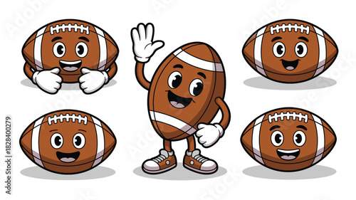 Cartoon American Football Characters on White Background Featuring Smiling Faces and Waving Hand