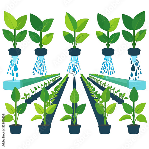Automated Irrigation System with Green Plants and Blue Water Drops on White Background