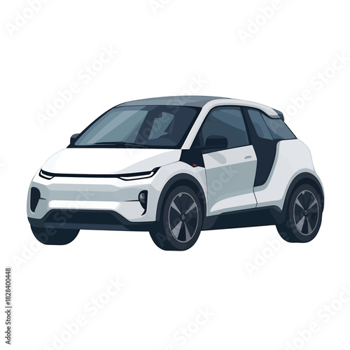 Detailed Pixel Art of White Compact Car with Open Door and Dark Gray Wheels on White Background