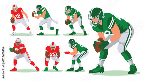 Cartoon American Football Players in Green and Red Uniforms Holding Footballs Ready for the Super Bowl