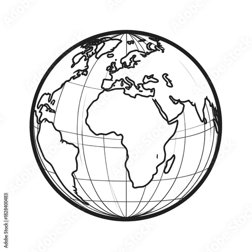 Monochrome Globe Depicting Continents and Oceans on White Background for Educational Materials and Cartography Projects