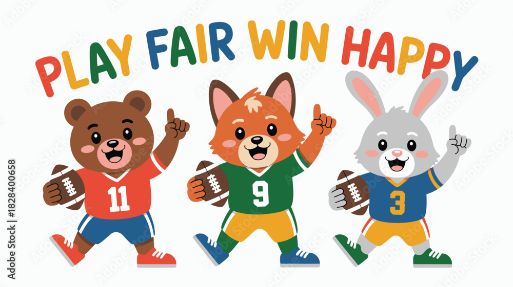 Fototapeta premium Cartoon Animals Playing Football Bear, Fox, and Rabbit with Colorful Play Fair Win Happy Message