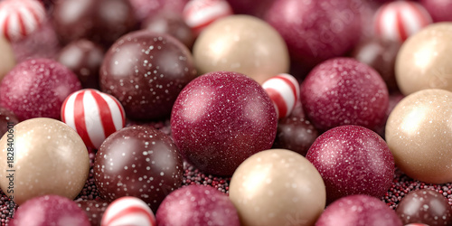 A bunch of colorful candy balls, including some red and white striped ones, are scattered on a table