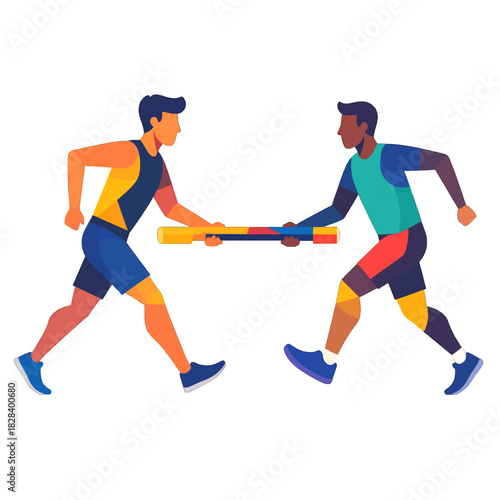 Two Athletes Engaging in Relay Race Exchanging Colorful Baton Illustration Isolated on White Background Dynamic Sporting Event Achievement Graphic