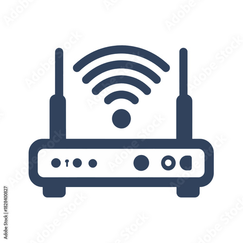 Dark Blue Wireless Router Icon with Antennas Broadcasting Signal on White Background Technology