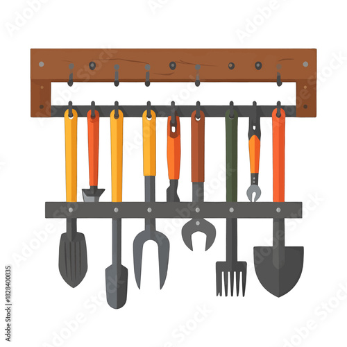 Various Kitchen Utensils Hanging Neatly from Wooden Rack with White Background Flat Lay for Easy Compositing Stock Vector