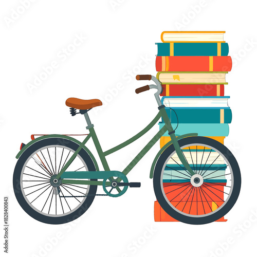 Green Bicycle Leaning Against a Tall Stack of Colorful Books on White Background Illustration