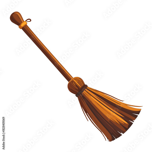 Isolated Brown Wooden Broom on White Background Simple Still Life Illustration