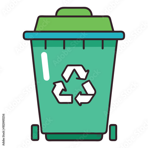 Green recycling bin with the universal recycle symbol. Trash, waste, and environment care concept.