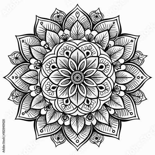 Intricate black and white floral mandala art design for relaxation and meditation. intricate black