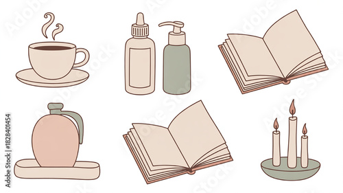 Collection of cozy home icons simple line art vector illustration perfect for relaxation and self-care designs