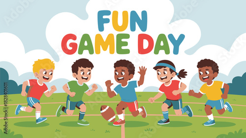 Cartoon Children Playing Football on Fun Game Day with Clouds and Field Illustration