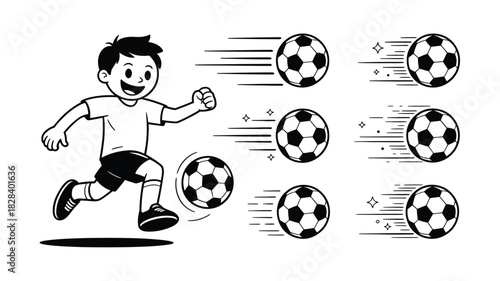 Cartoon Boy Kicking Soccer Ball with Motion Lines, Black and White Illustration, Sporting Fun