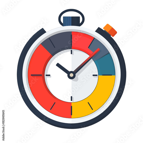 Modern Flat Design Stopwatch with Segmented Time Display in Vibrant Red Yellow Blue and Black Isolated on White Background