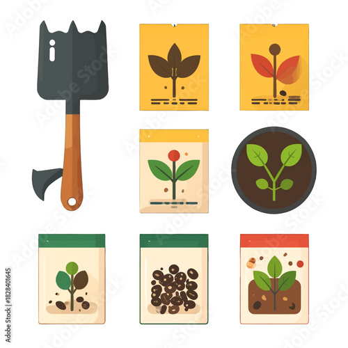 Gardening Tools and Seed Packets Illustration Flat Design Style with Variety of Plants and Seeds Against Isolated Background