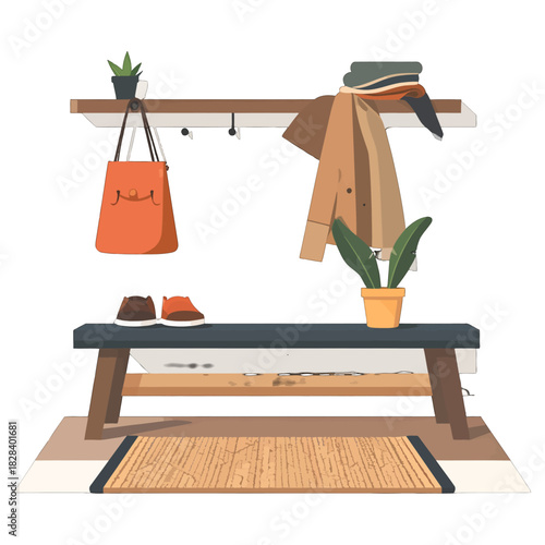 Cozy Entryway with Beige Bench and Wooden Rack Featuring Orange Bag Shoes Plant and Earth Toned Coat Against White Background